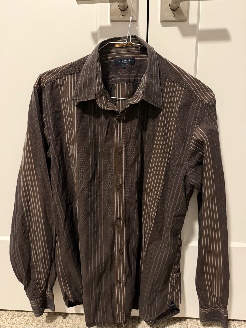 Ted Baker Brown and Cream Striped Long-Sleeve Dress Shirt
